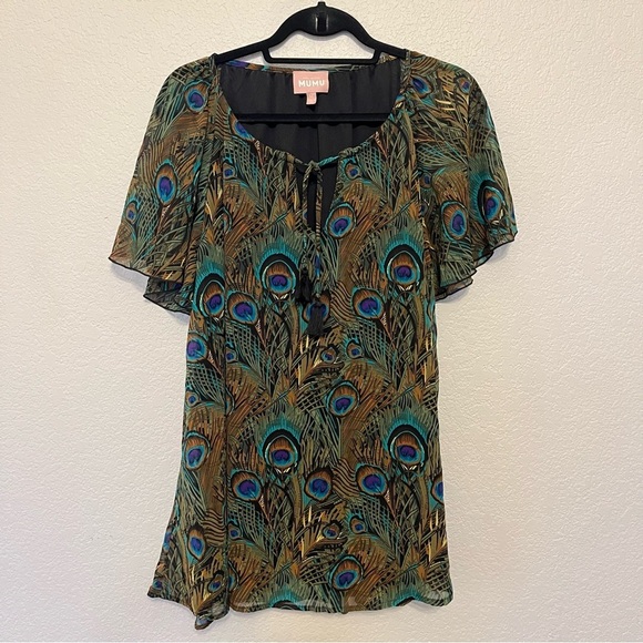 Show Me Your MuMu Peacock Short Sleeve Print Blouse Size Medium - Picture 1 of 13
